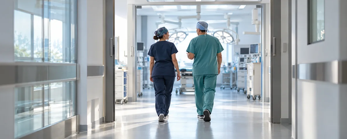 Profesionales sanitarios recorren un pasillo hacia un área quirúrgica.
