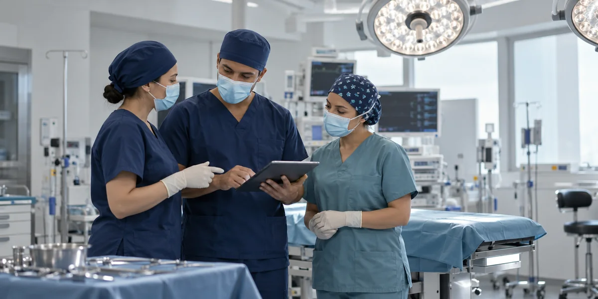 Equipo de profesionales quirúrgicos coordinando su trabajo en un entorno clínico.